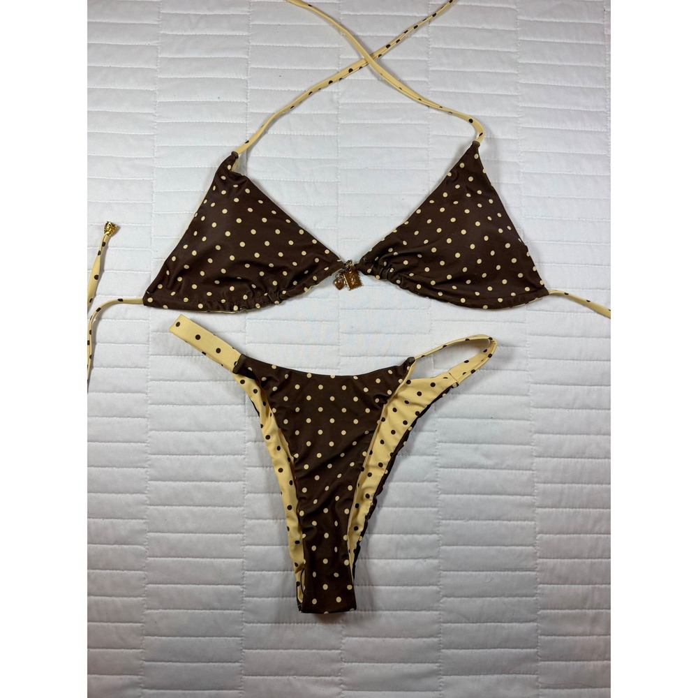 Brown Butter Yellow Polka Dot Reversible Triangle Bikini Set High Leg Small